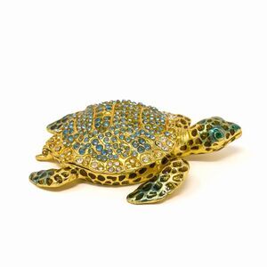 Gold Tone Pave Rhinestone Blue & Green Turtle Trinket Box Enameled Inside 3.5"